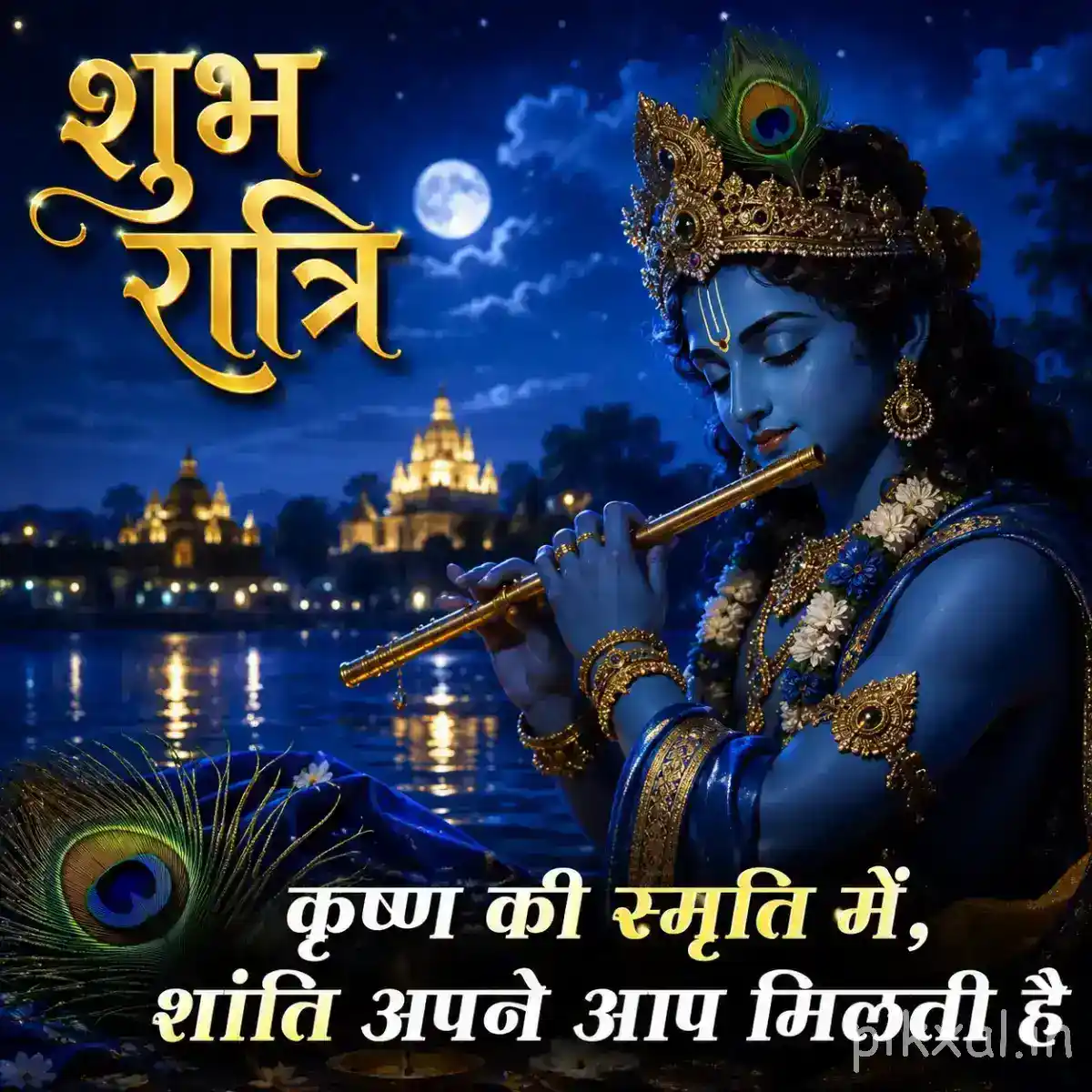 Krishna standing beside a peaceful moonlit lake, holding his flute as temple lights shimmer across the water.