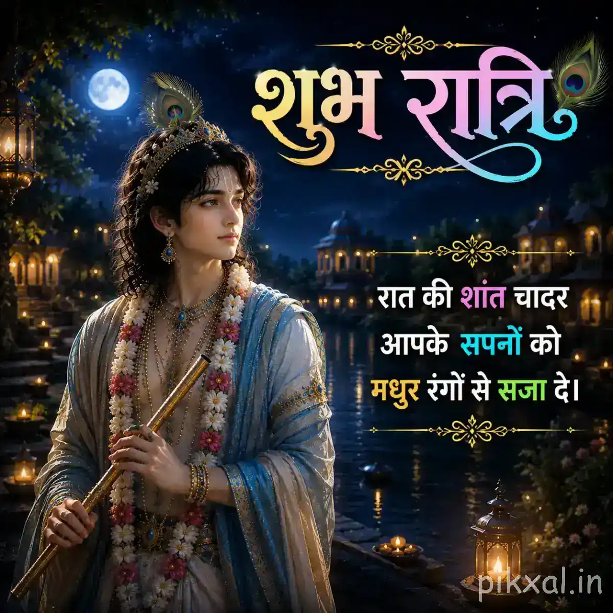 Lord Krishna standing beside a serene nighttime garden, with soft lanterns, a bright moon and शुभ रात्रि wishes.