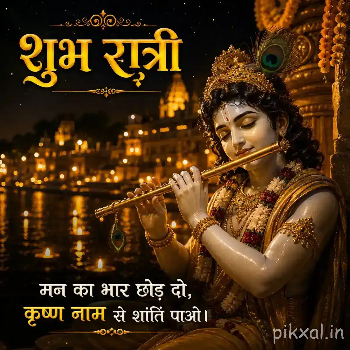 Lord Krishna playing the flute in a richly illuminated golden setting, with rows of glowing diyas and a tranquil devotional atmosphere.