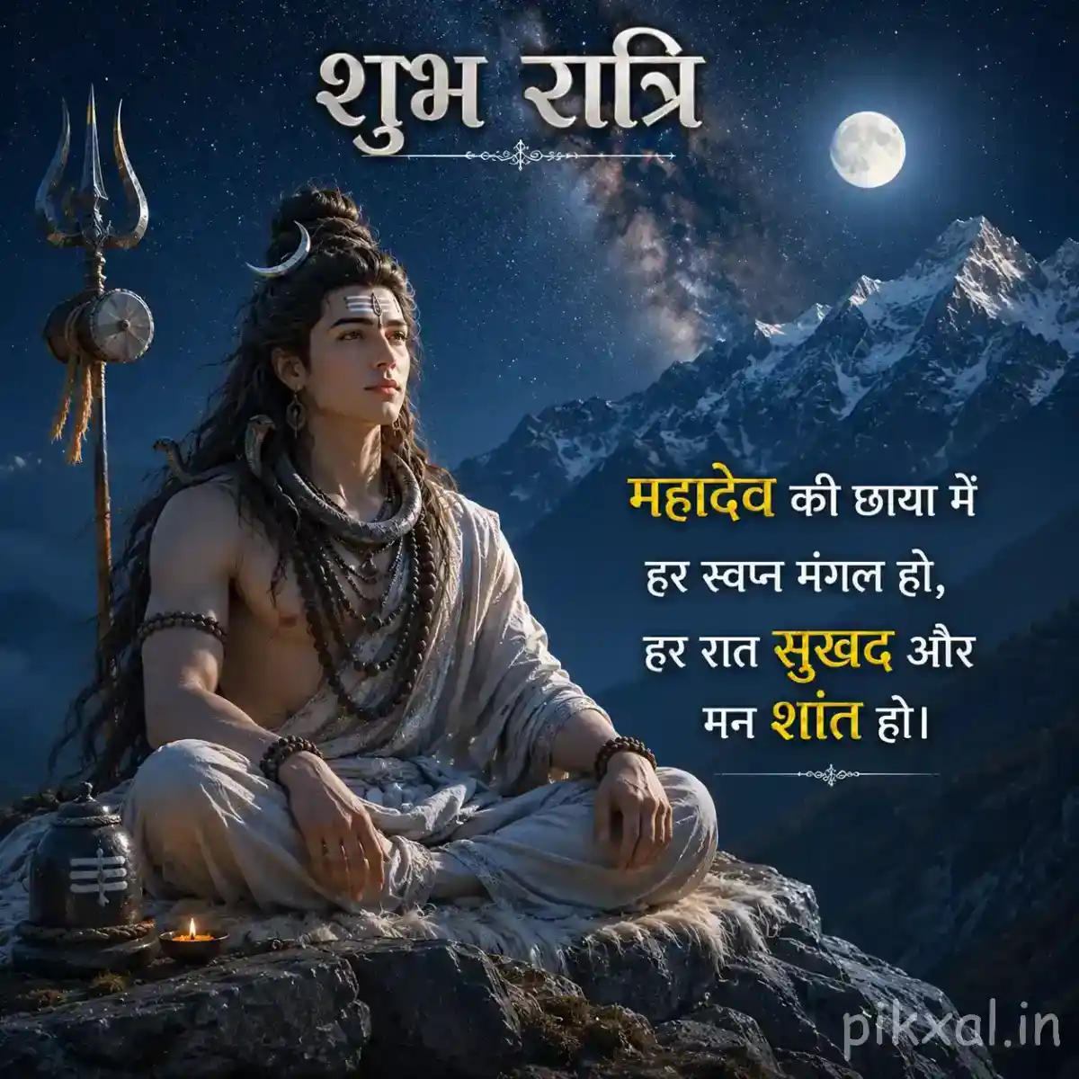 Mahadev meditating on a rocky mountain landscape with his trishul under a serene moonlit sky