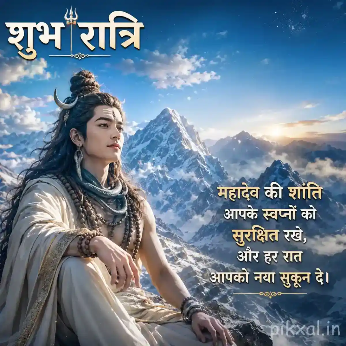 Mahadev seated peacefully against bright Himalayan peaks with his trishul and a serene sky