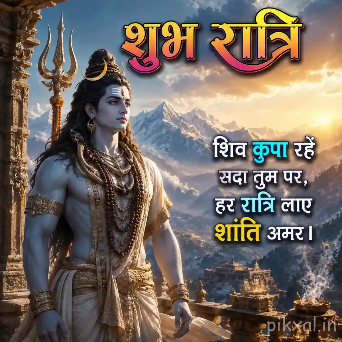 Lord Shiva standing peacefully with a trishul against a golden Himalayan mountain landscape