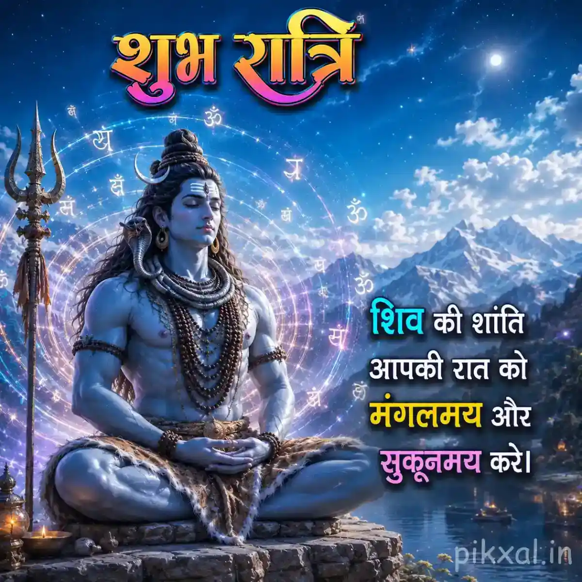 Mahadev seated in meditation beneath a starry blue sky with luminous spiritual energy