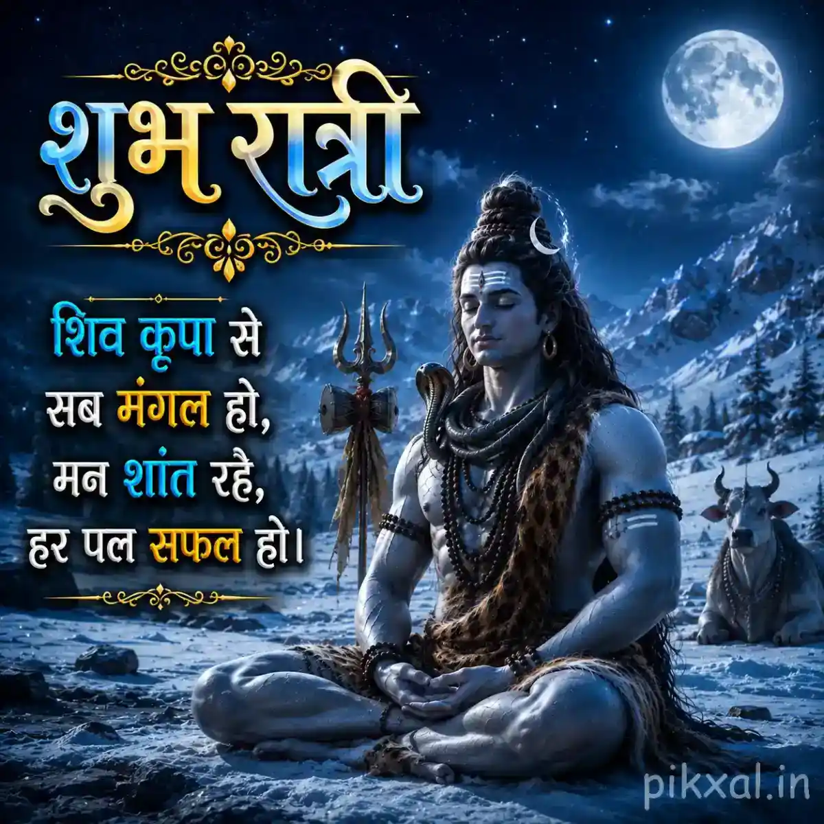 Lord Shiva meditating calmly beneath the moon with snow-covered mountains in the background