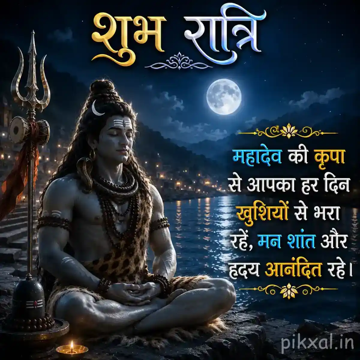 Bholenath meditating peacefully beside his trishul under a dark blue moonlit sky