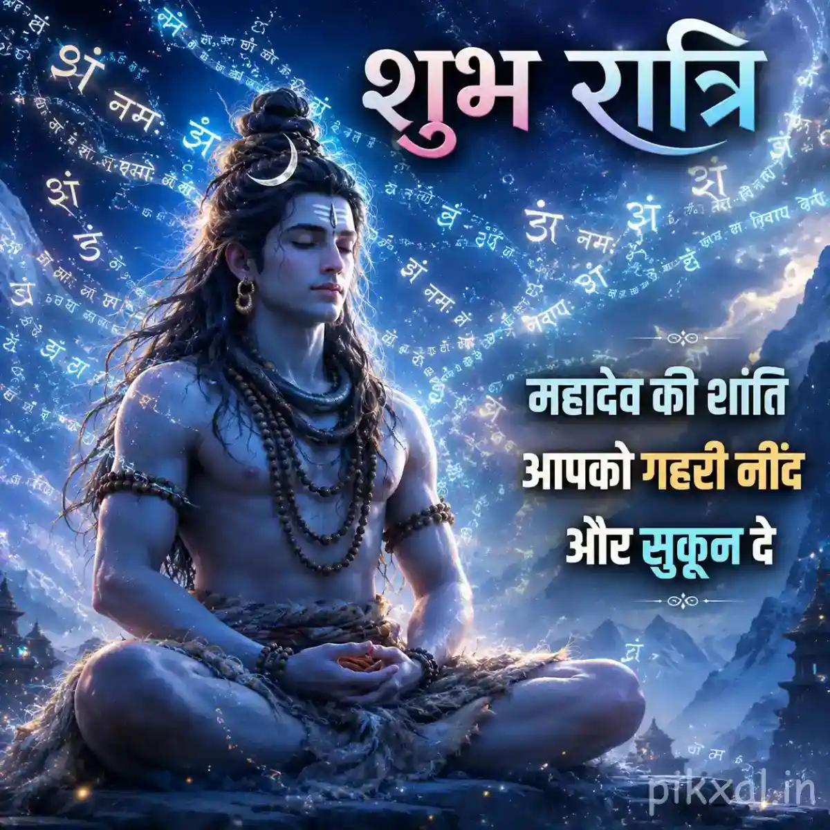 Mahadev meditating in a snowy mountain setting surrounded by sparkling celestial light