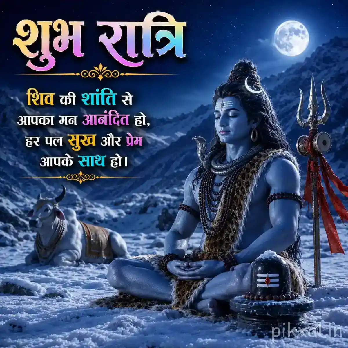 Mahadev meditating beside a Shivling beneath a crescent moon and snowy Himalayan peaks