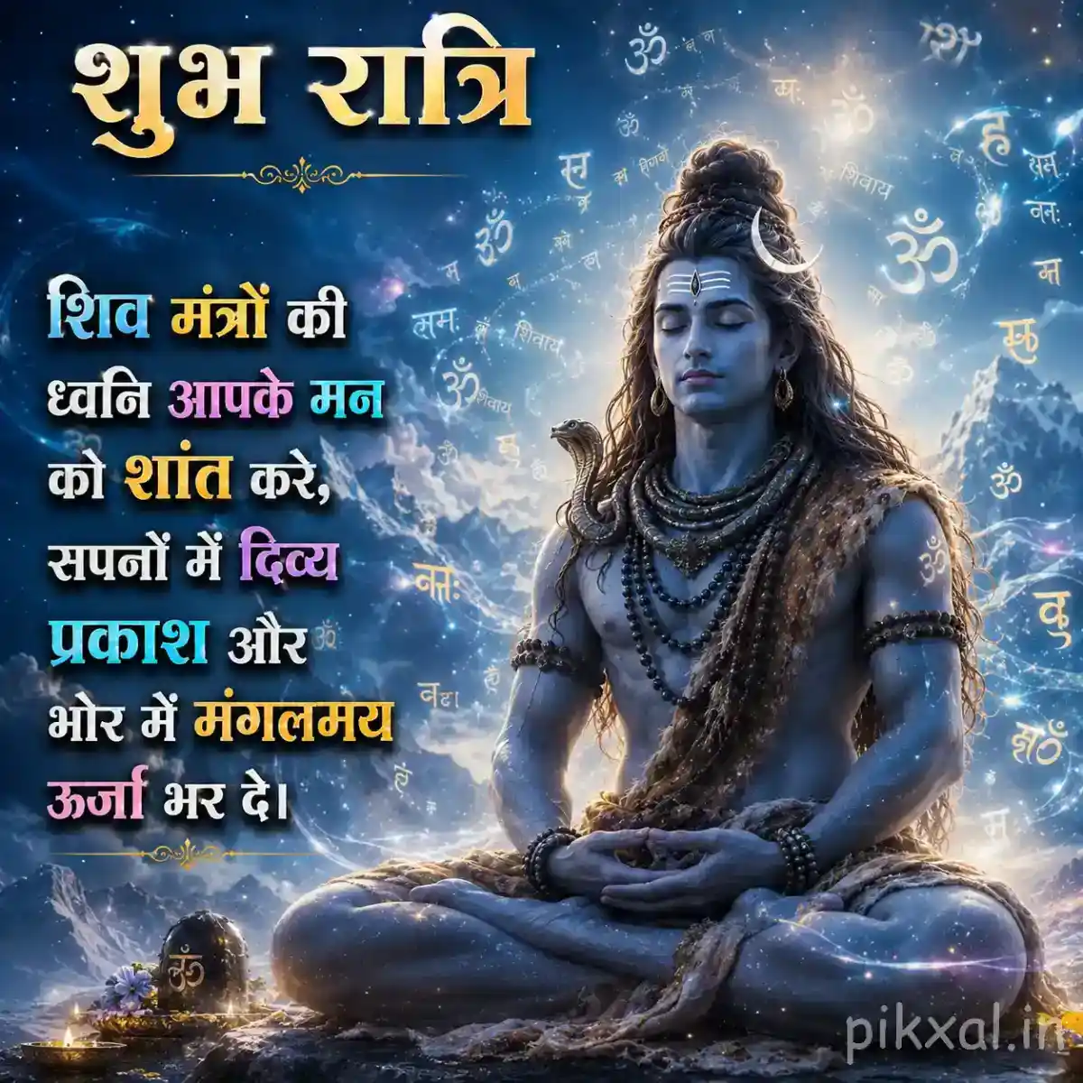 Lord Shiva seated peacefully with a glowing divine aura and Himalayan mountain backdrop