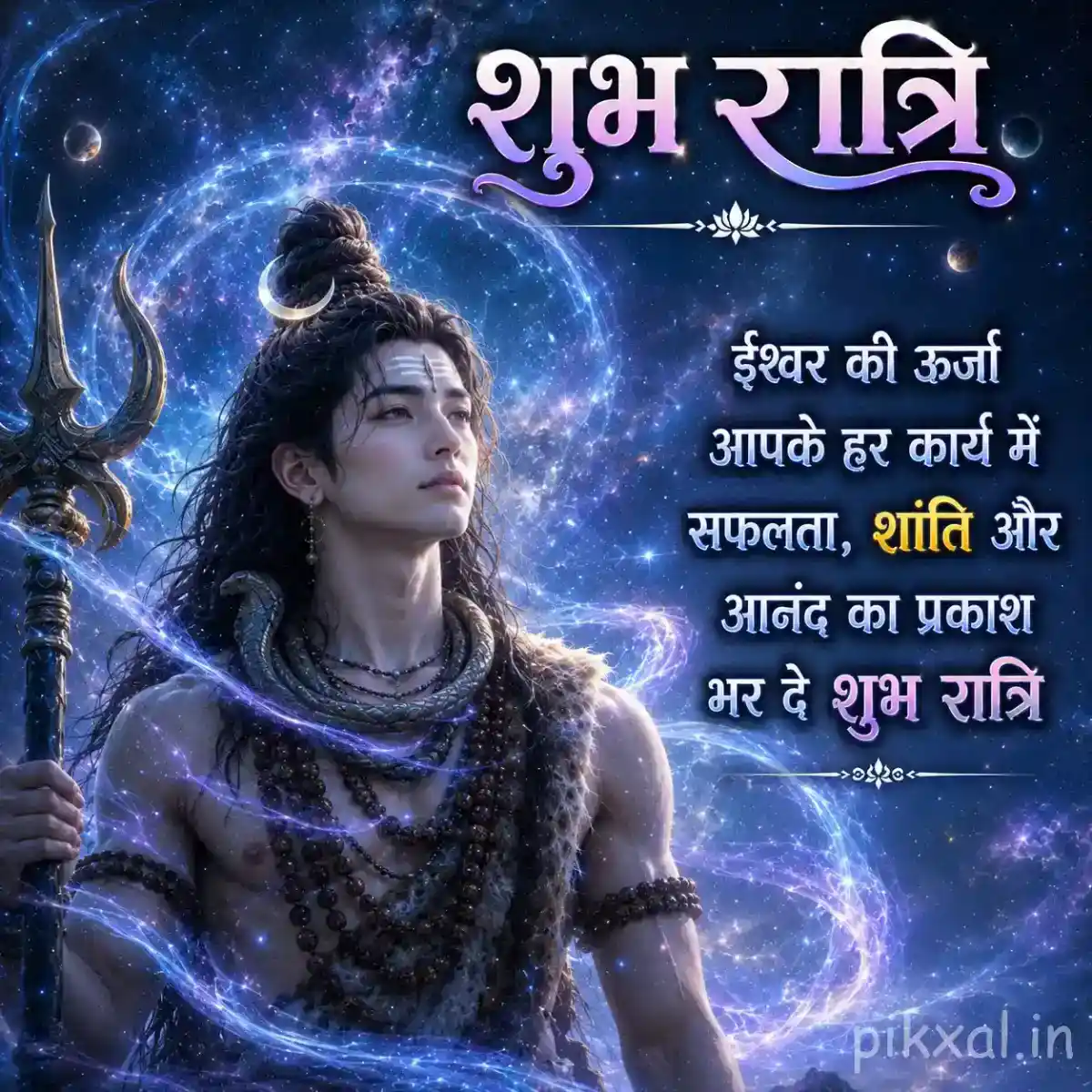 Serene Mahadev portrait surrounded by swirling cosmic energy and a luminous blue aura