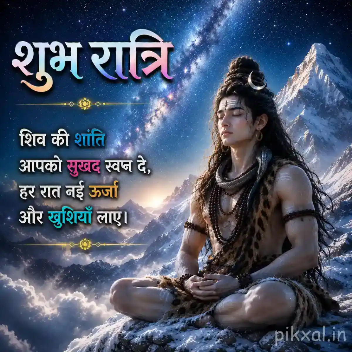 Mahadev meditating peacefully against snowy Himalayan mountains beneath the night sky