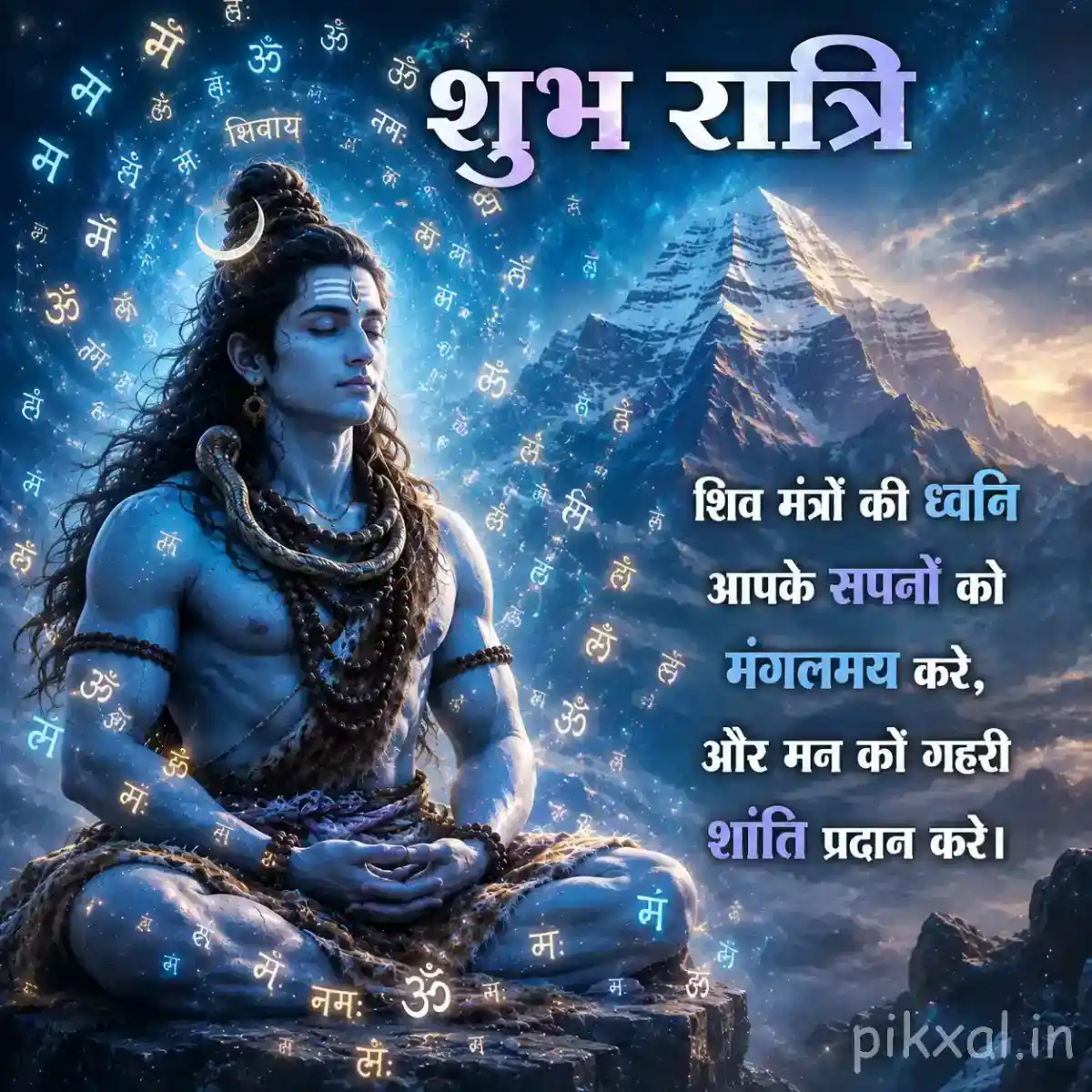 Lord Shiva seated in deep meditation with glowing blue spiritual energy and mountain scenery