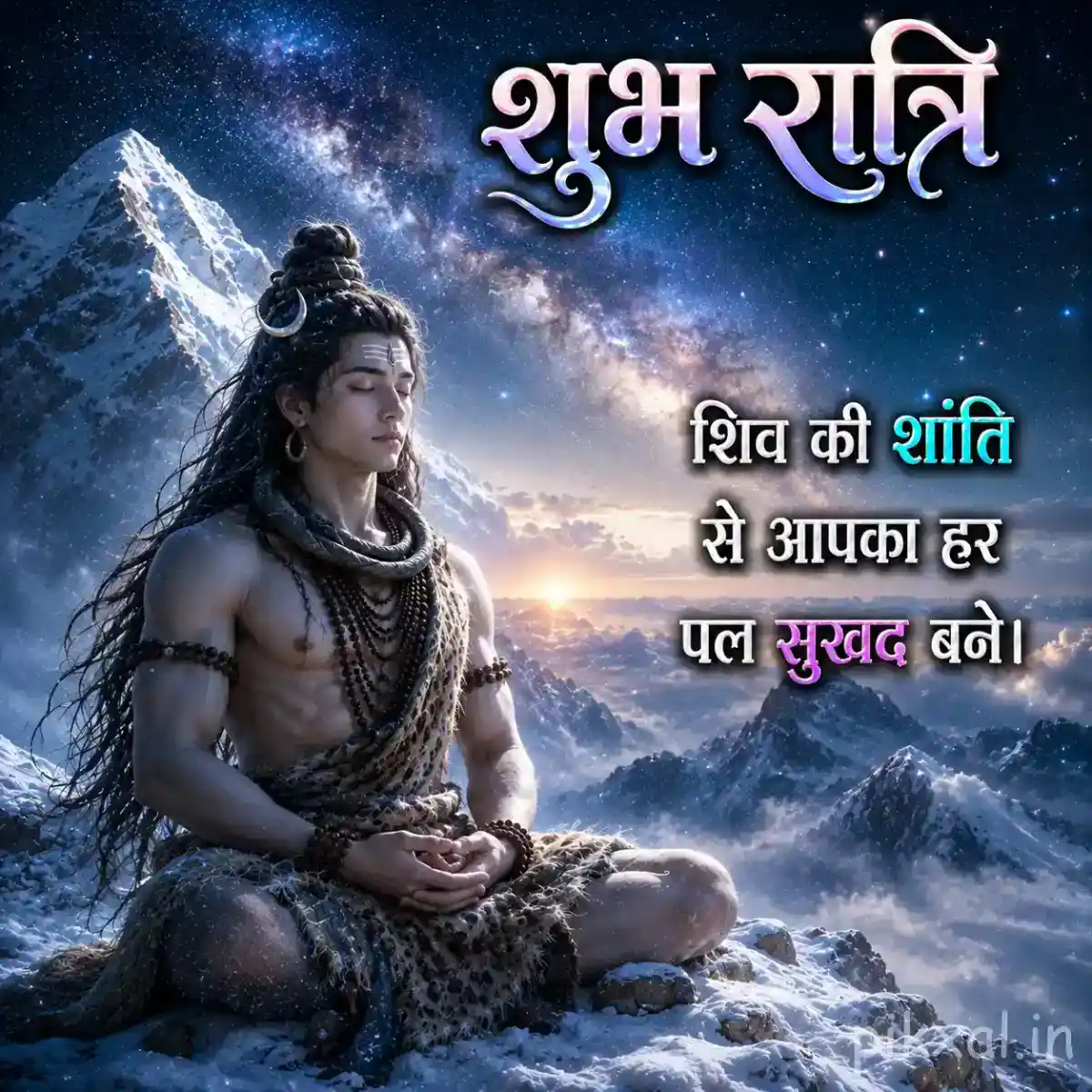 Serene Mahadev meditation scene surrounded by snowy peaks and a soft celestial glow