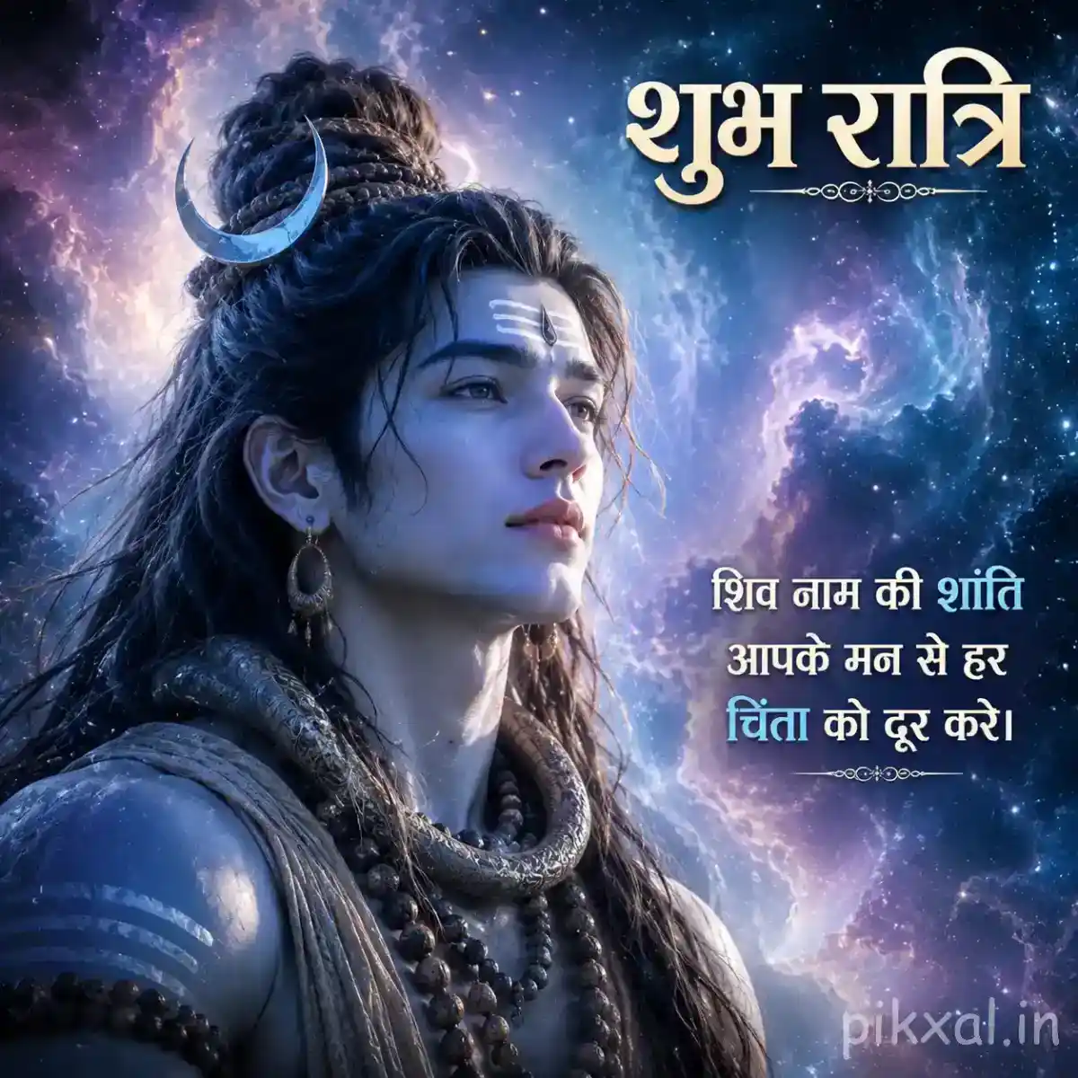 Close-up portrait of Mahadev with a calm expression, crescent moon and cosmic blue background