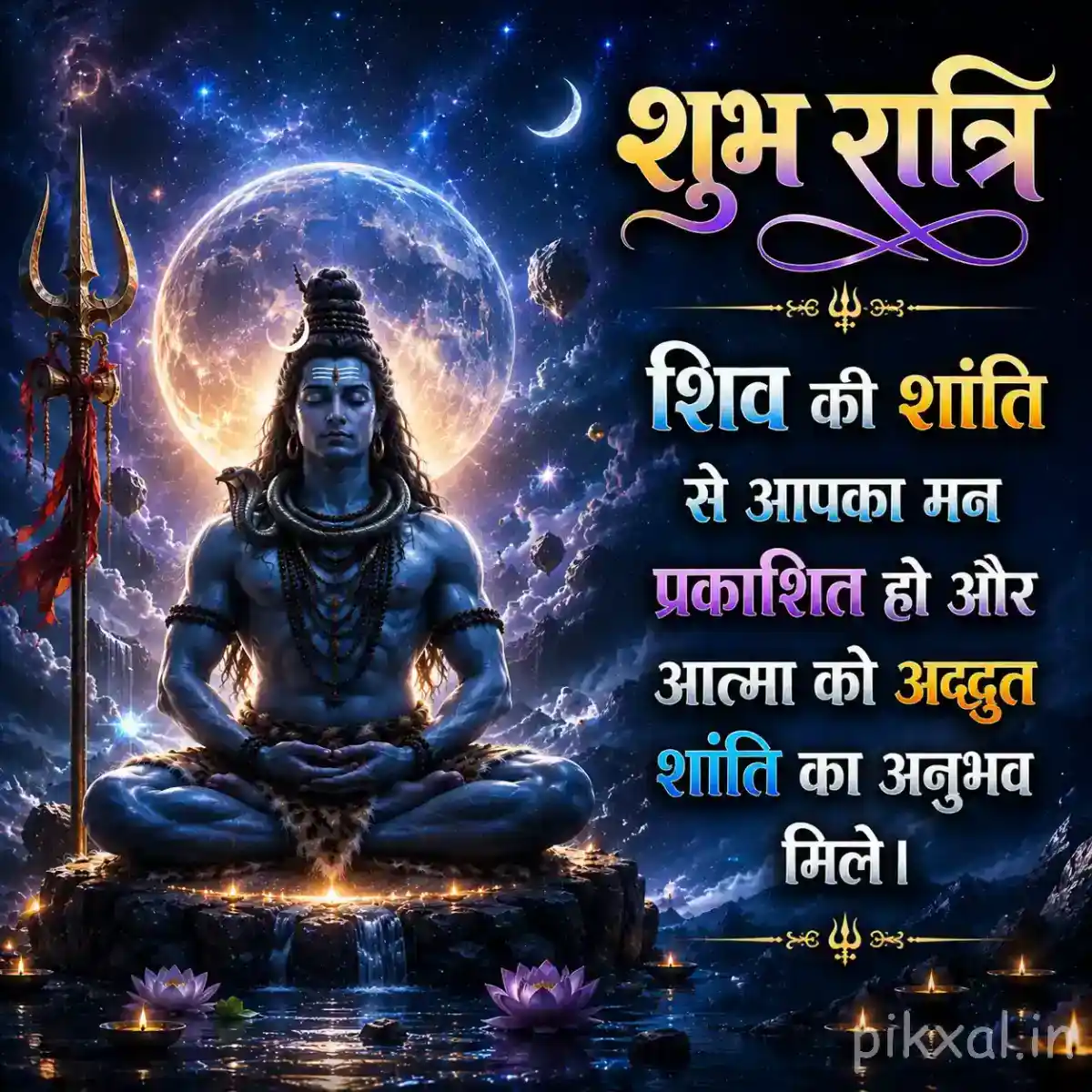 Mahadev seated in deep meditation within a radiant cosmic halo under the night sky