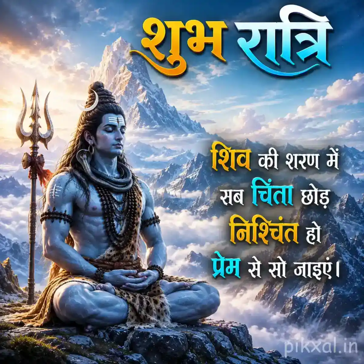 Mahadev meditating peacefully beneath the moon with a trishul and glowing Himalayan backdrop