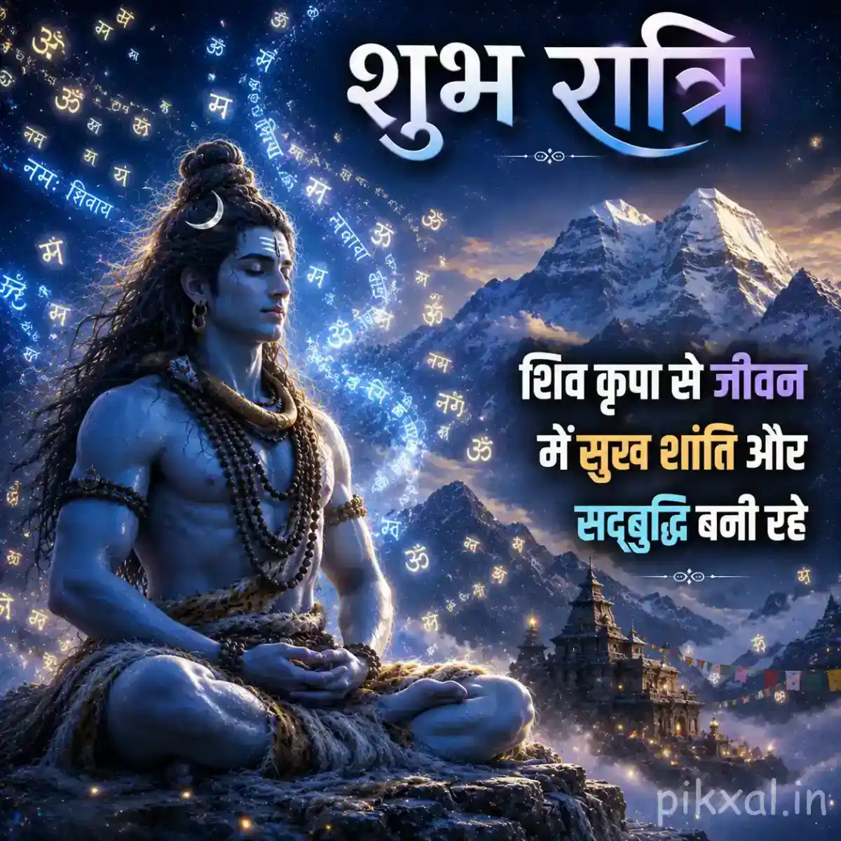 Peaceful Lord Shiva meditation scene with snow-covered mountains and a luminous night sky