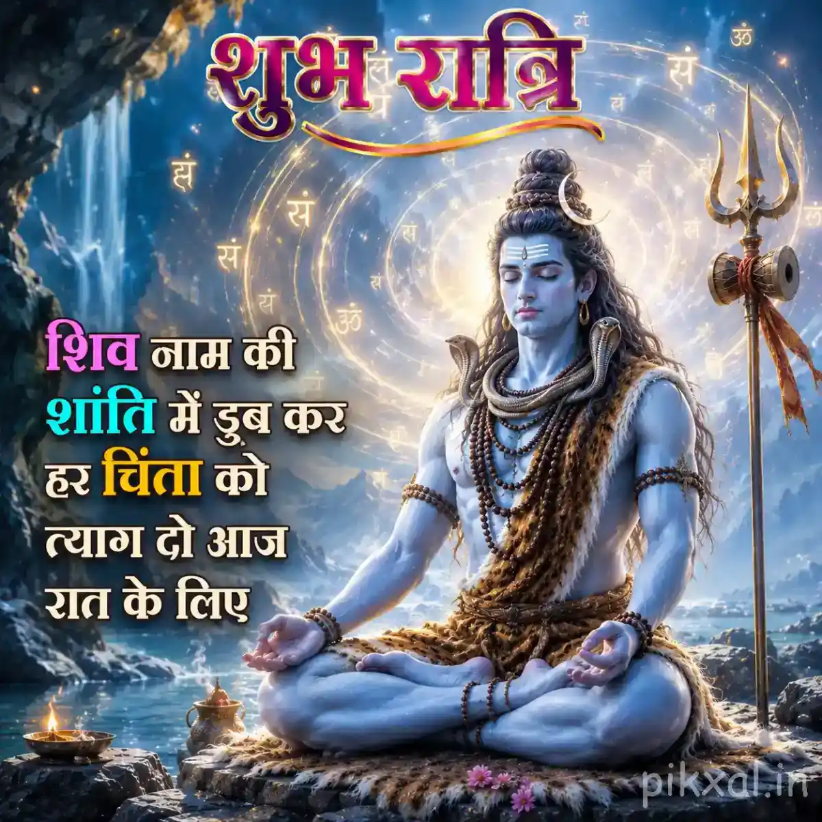 Mahadev seated in meditation with a trishul and tranquil snow-covered mountain background
