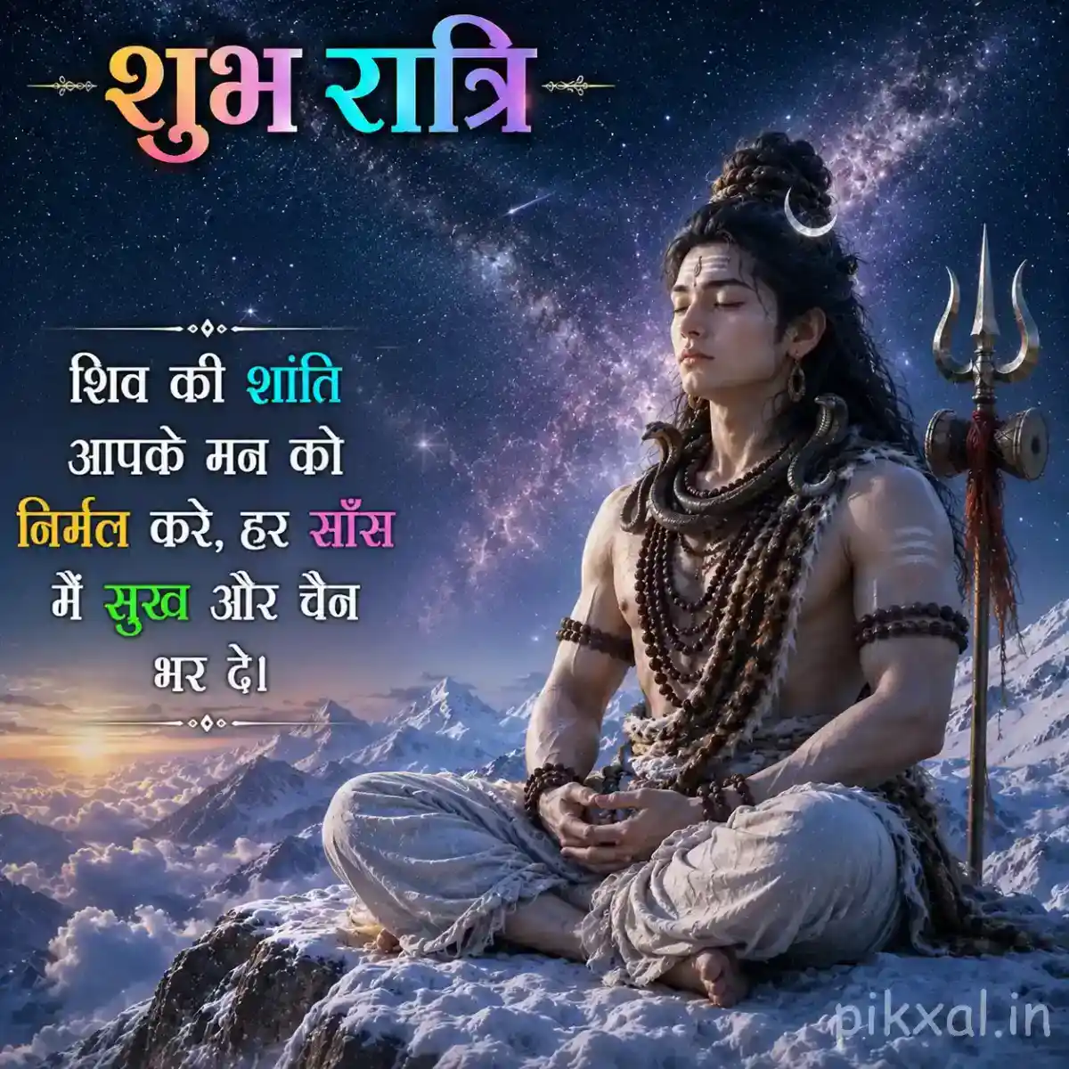 Mahadev seated in deep meditation with a trishul and starry celestial background