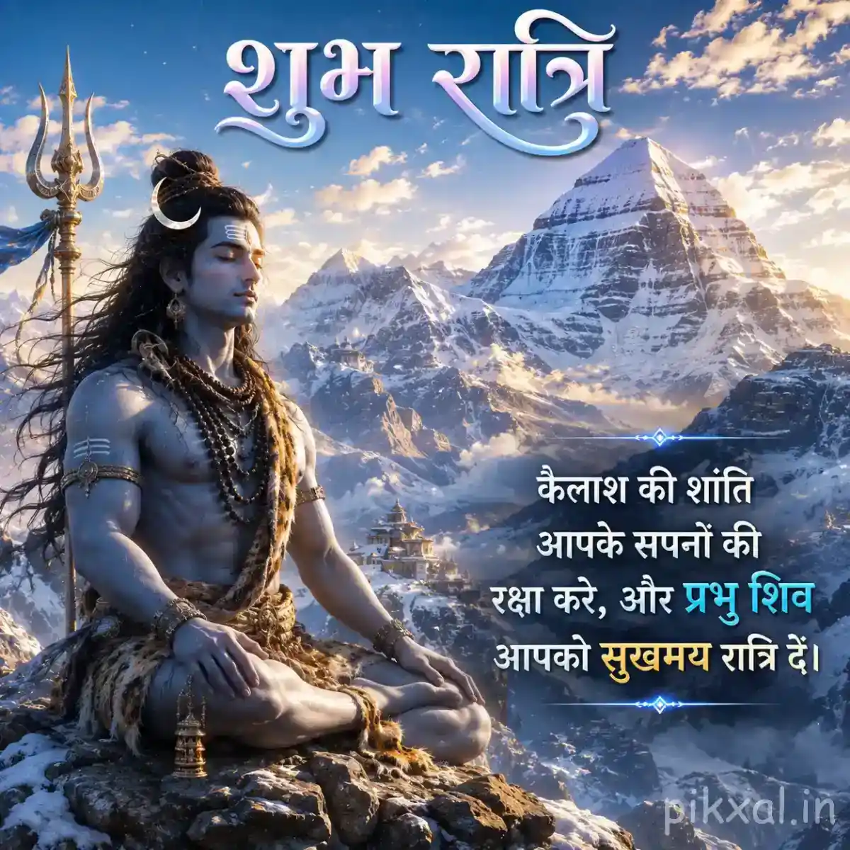 Mahadev meditating beside a trishul with majestic snow-covered mountains in the background