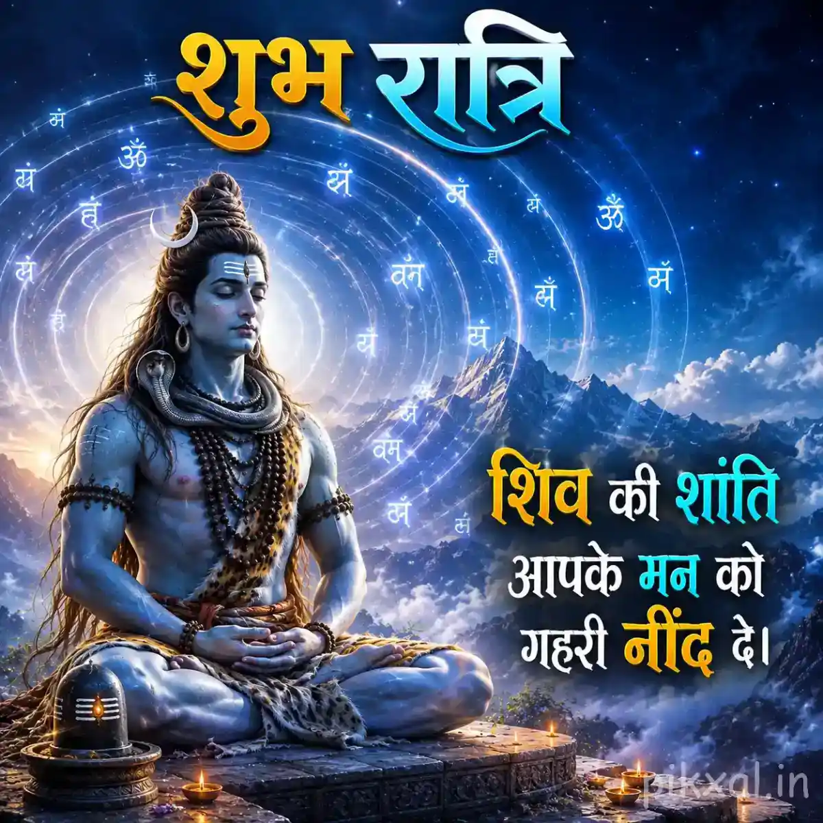 Lord Shiva meditating within a radiant cosmic circle surrounded by peaceful blue light