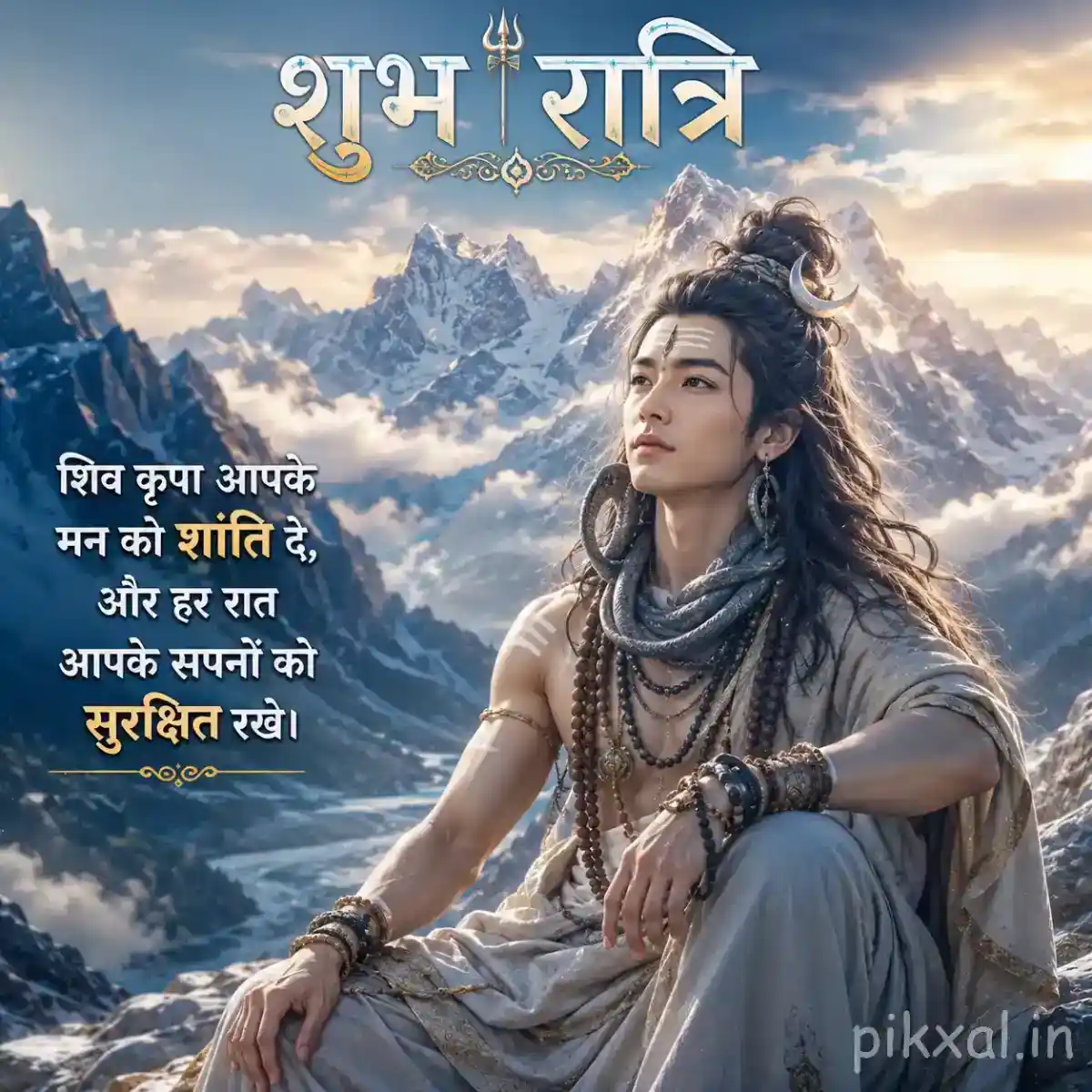 Bholenath seated calmly against snow-covered Himalayan mountains with a serene nighttime atmosphere