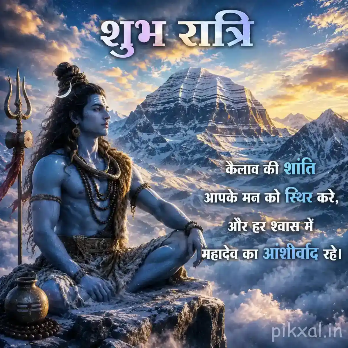 Lord Shiva sitting peacefully on a rocky mountain peak with misty Himalayan scenery around him
