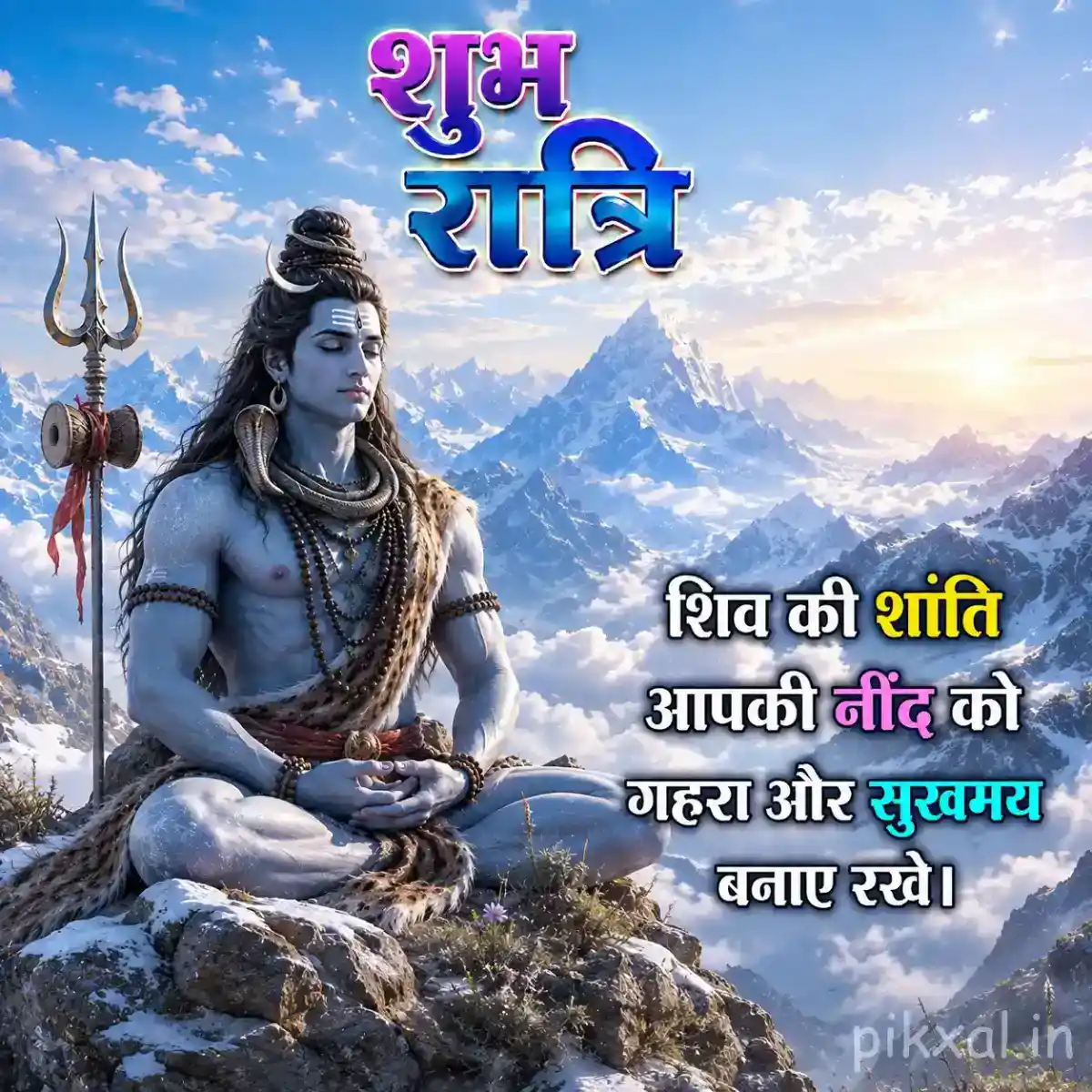 Mahadev meditating in the Himalayas beside a trishul with soft morning light and peaceful surroundings