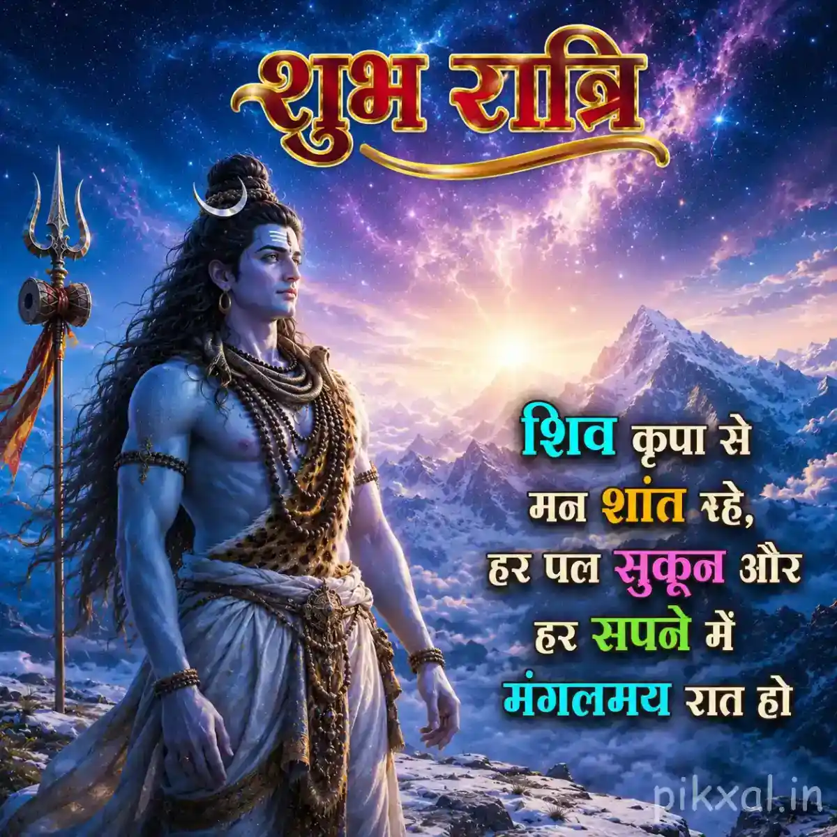 Mahadev standing near a sacred fire in the mountains with a radiant spiritual glow