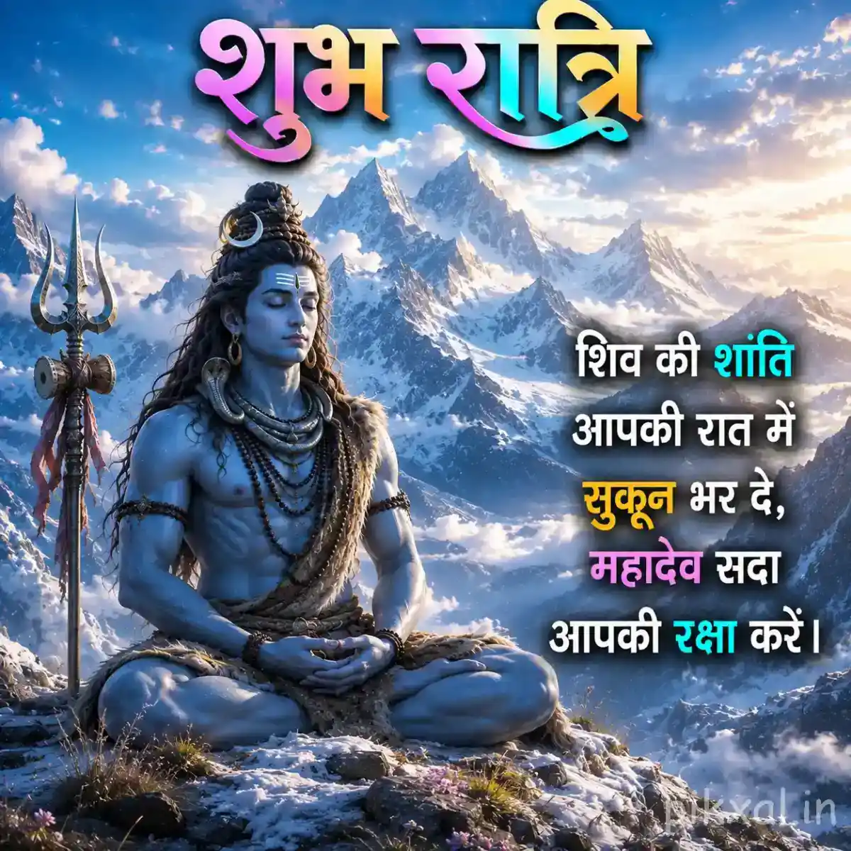 Lord Shiva sitting in meditation on a snowy mountain with a peaceful blue spiritual atmosphere