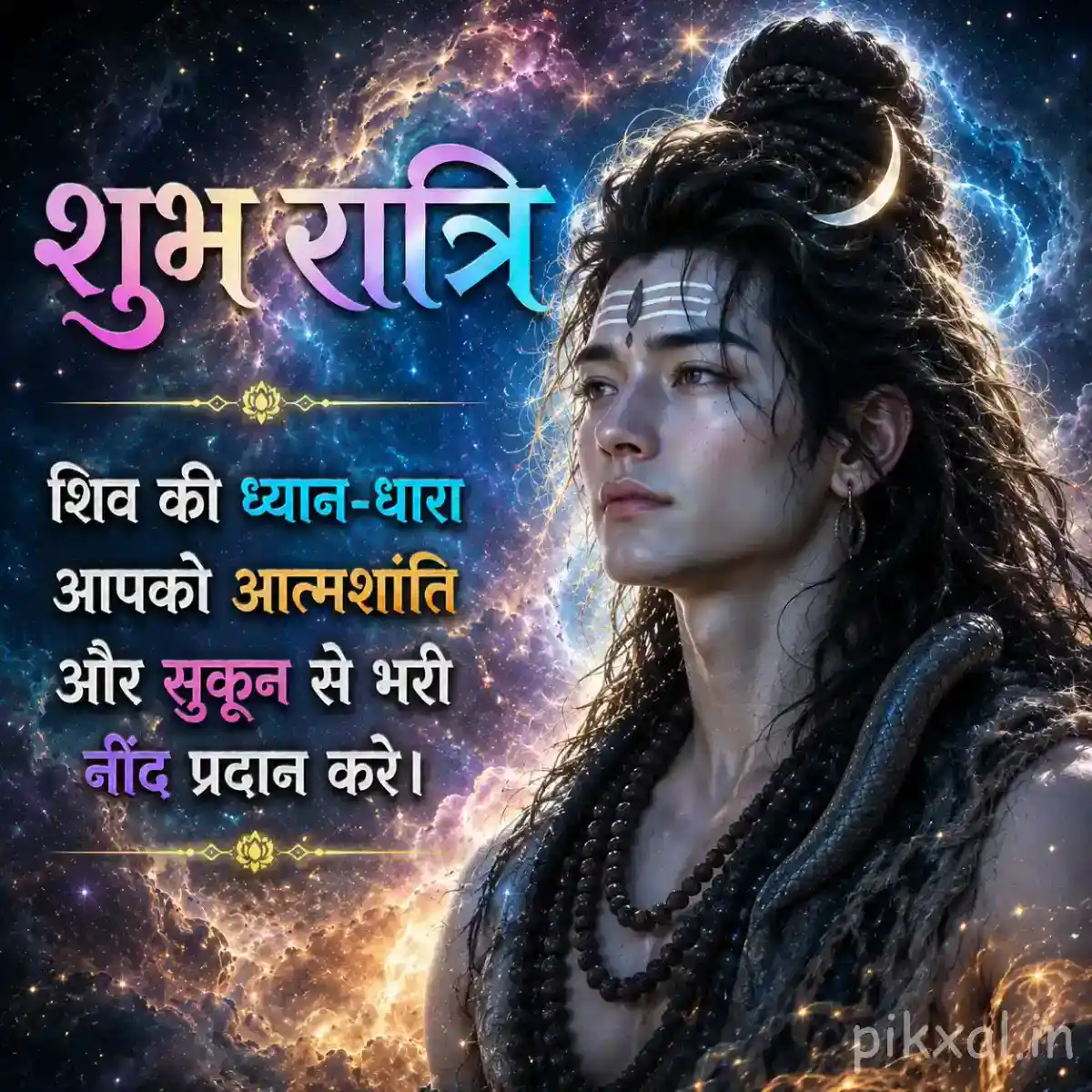 Mahadev close-up portrait with a calm expression and glowing Himalayan sunset in the background