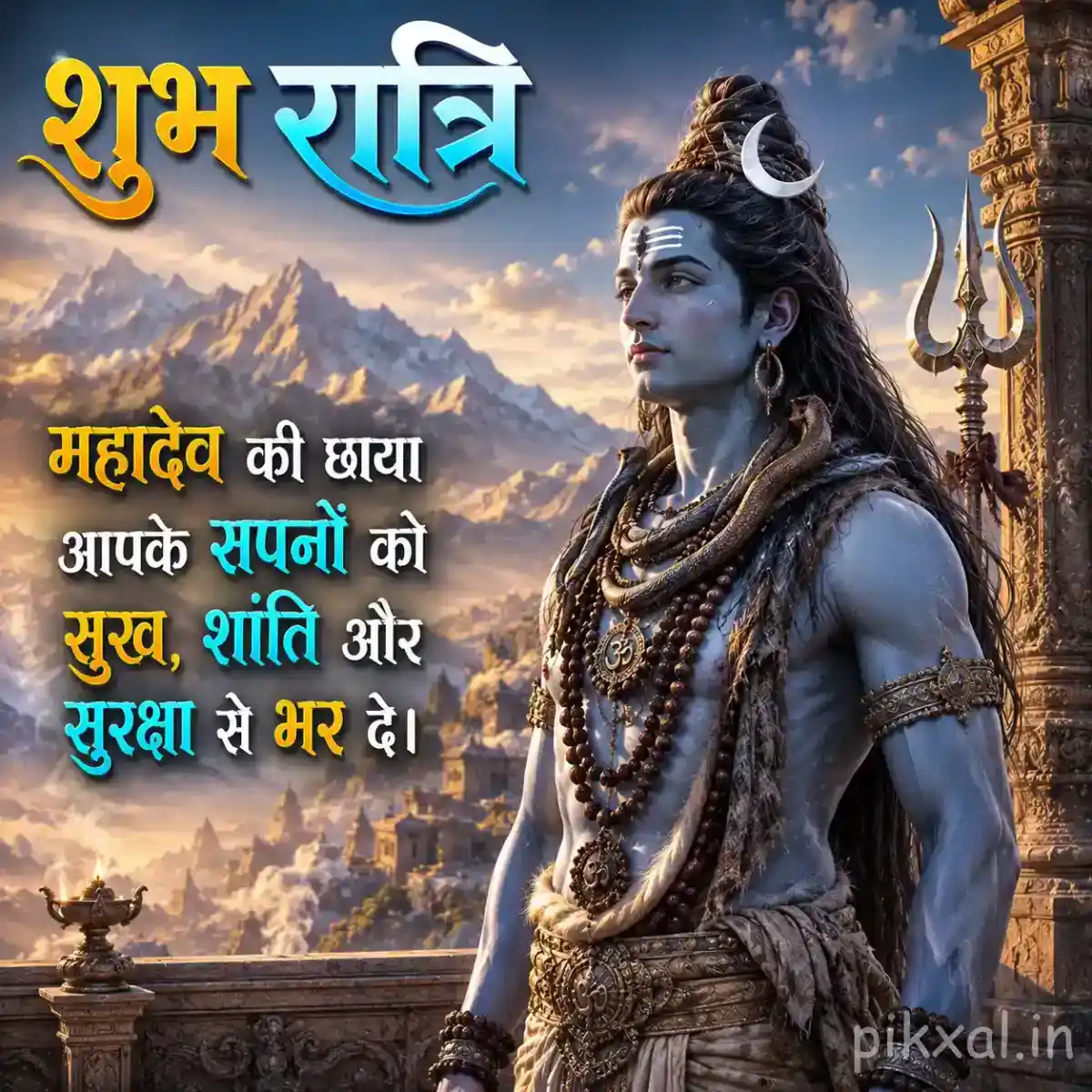 Mahadev seated near a Himalayan temple landscape with a trishul and warm sunset light