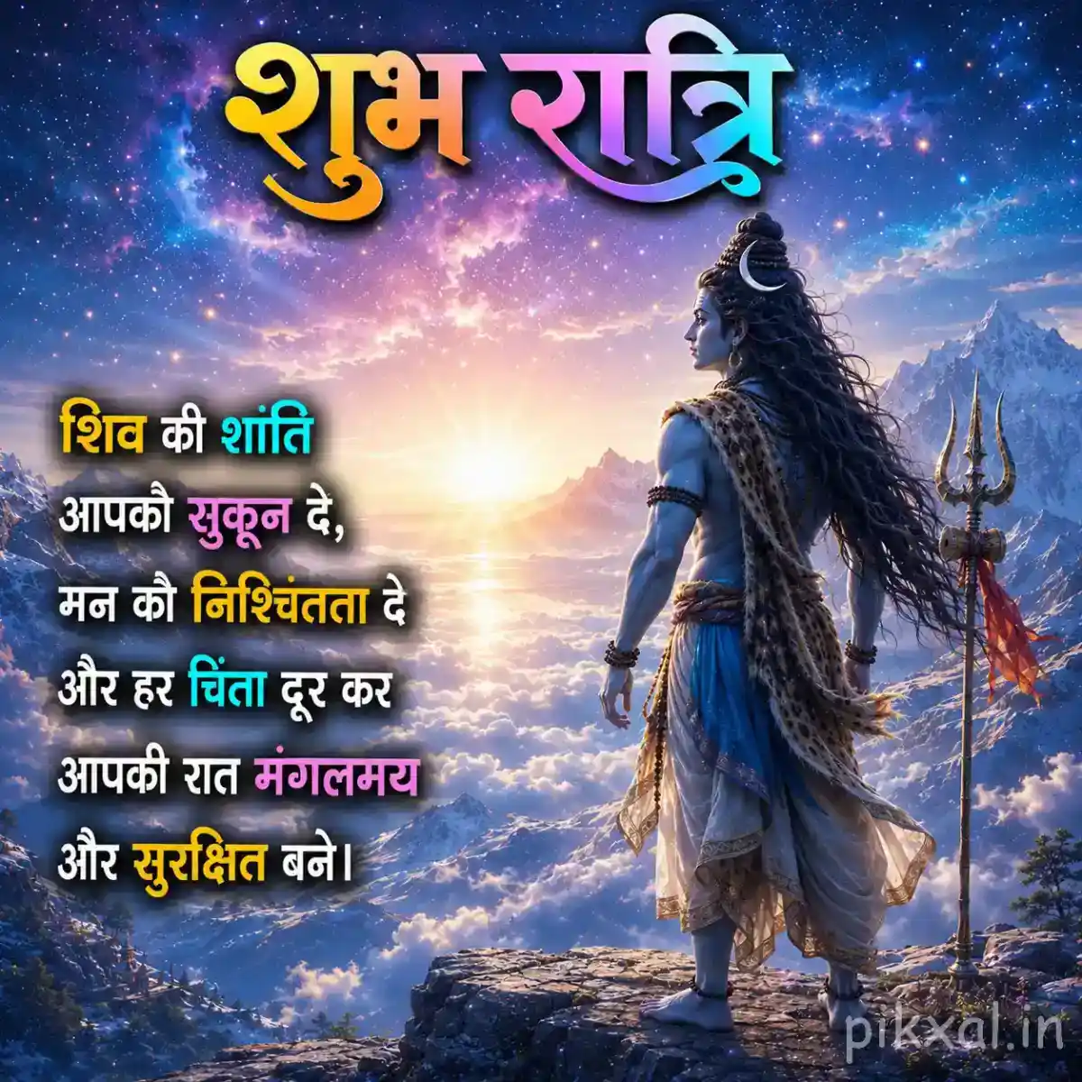 Mahadev walking through a radiant Himalayan landscape beneath a colorful evening sky