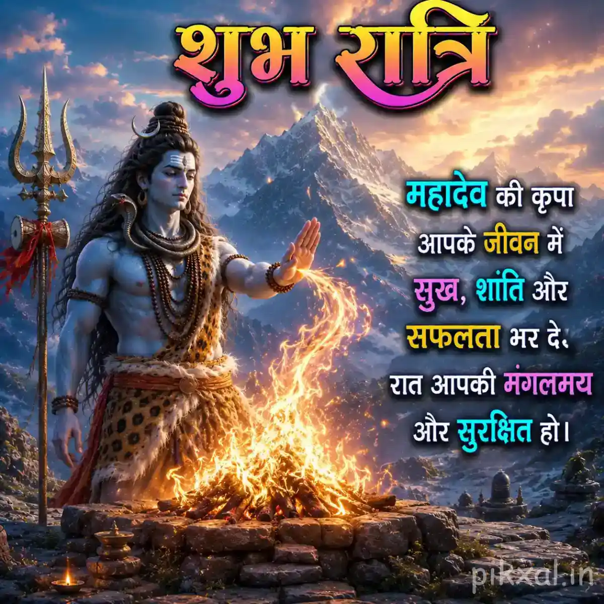 Lord Shiva standing beside a sacred fire in the mountains with a peaceful divine glow