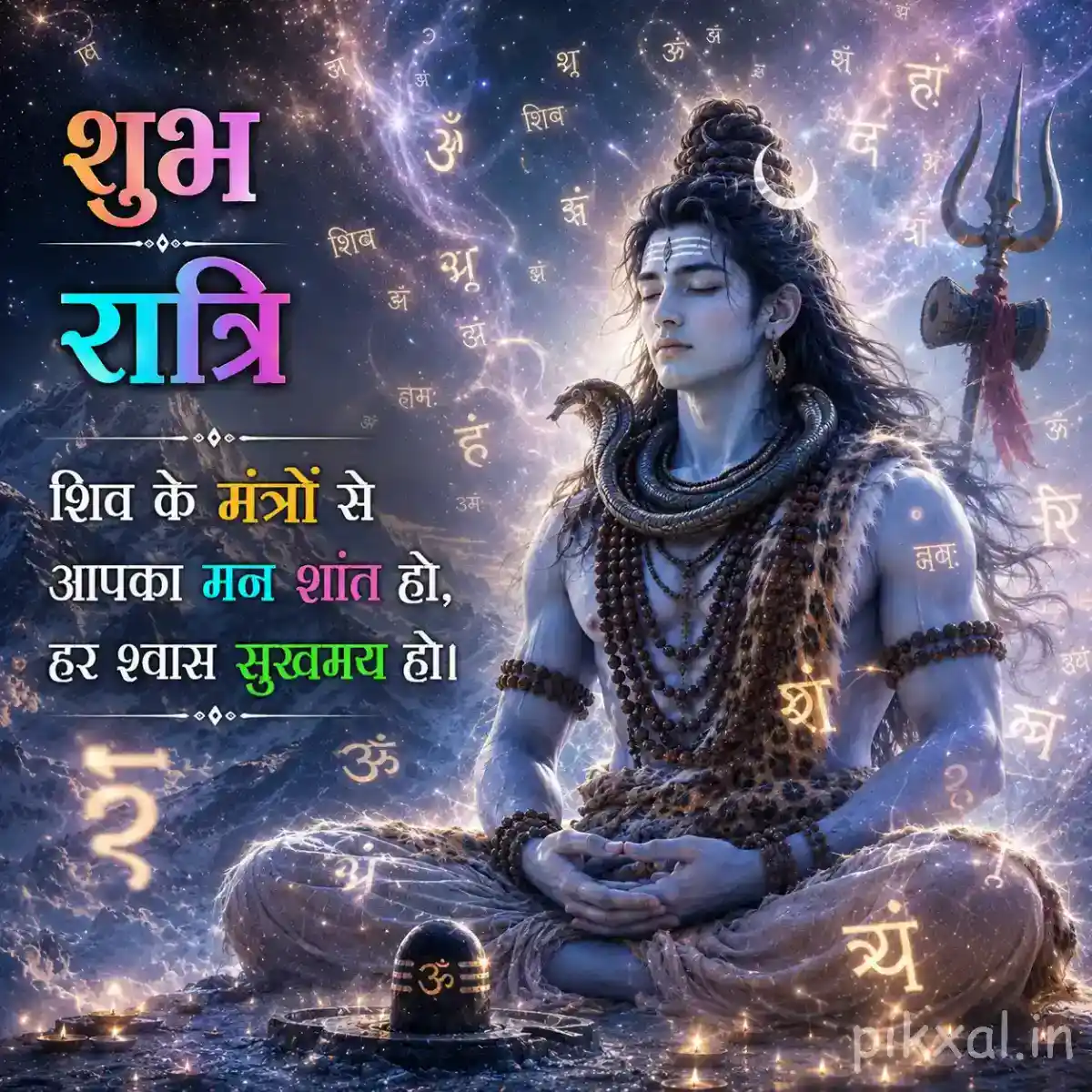 Lord Shiva meditating peacefully beside a sacred Shivling with a trishul and cosmic spiritual glow