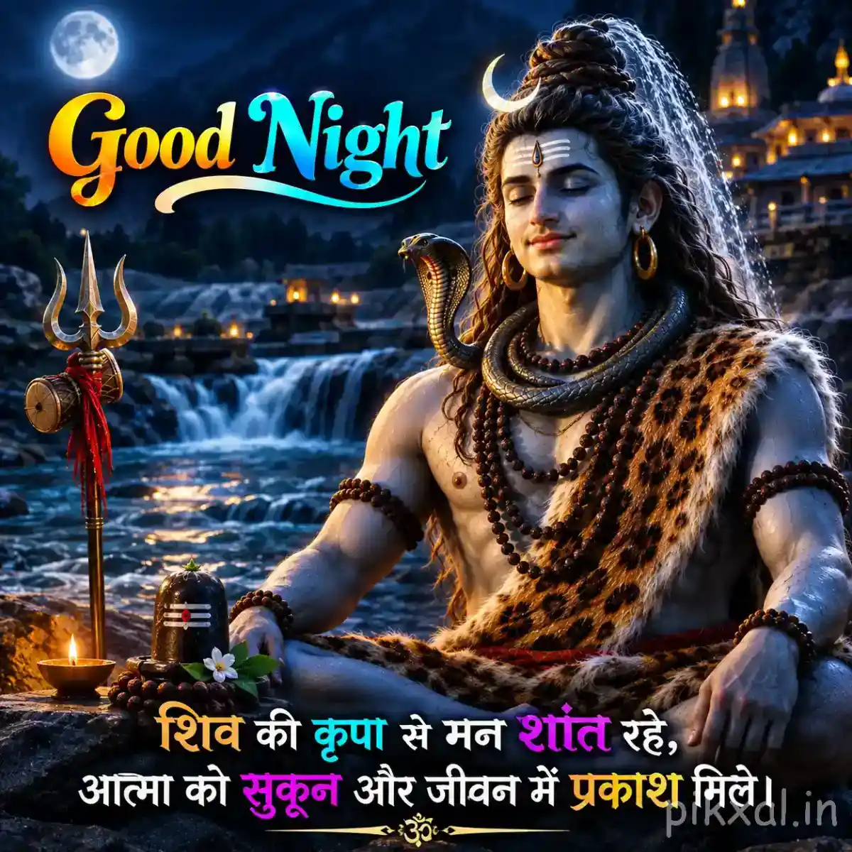 Lord Shiva seated peacefully near a lake with a trishul and calm spiritual atmosphere