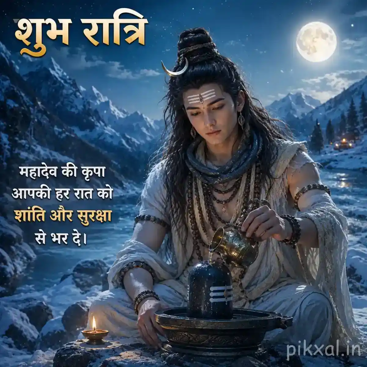 Mahadev meditating beside a Shiva lingam and glowing lamp in a quiet Himalayan setting