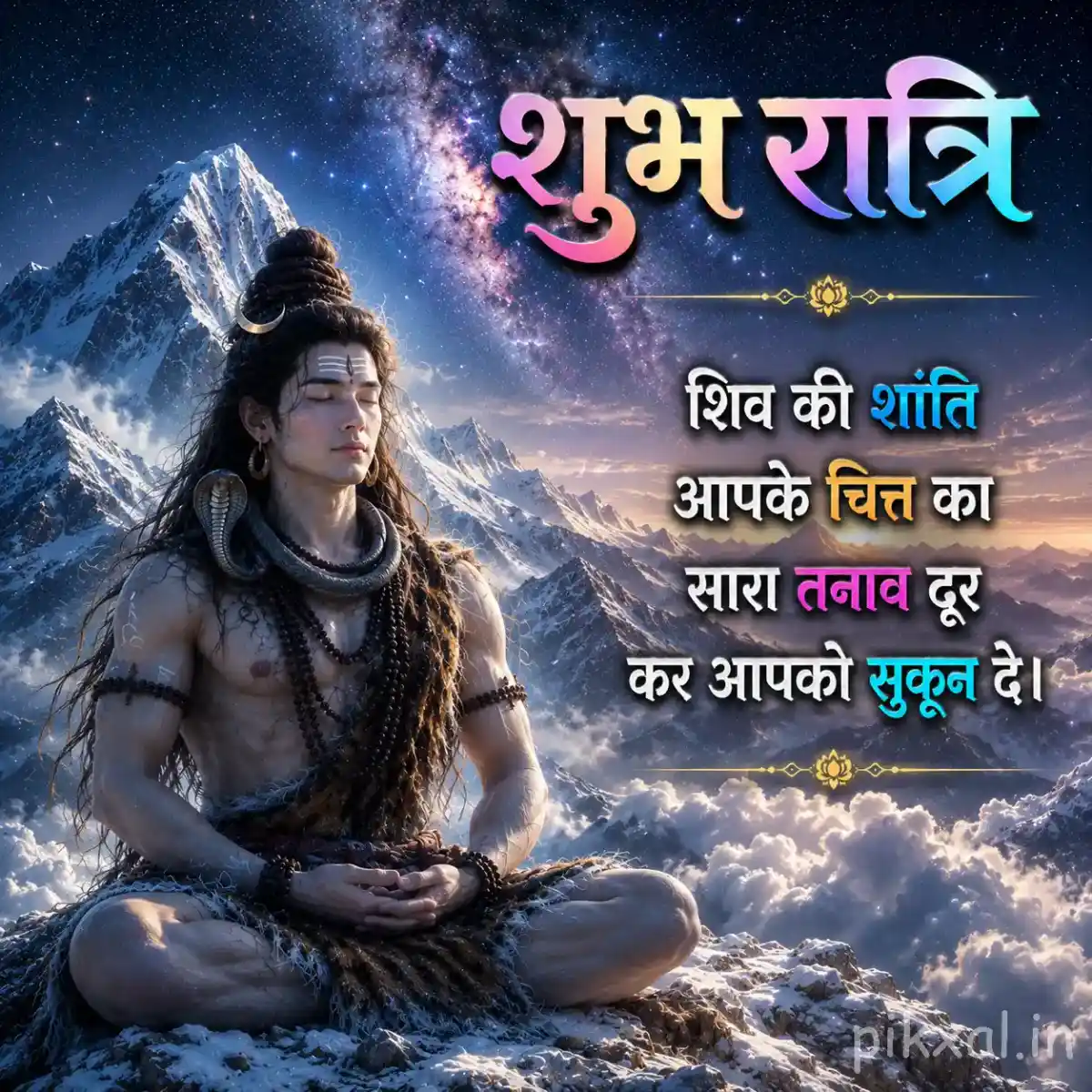 Lord Shiva sitting peacefully among snowy mountains with a soft celestial glow surrounding him