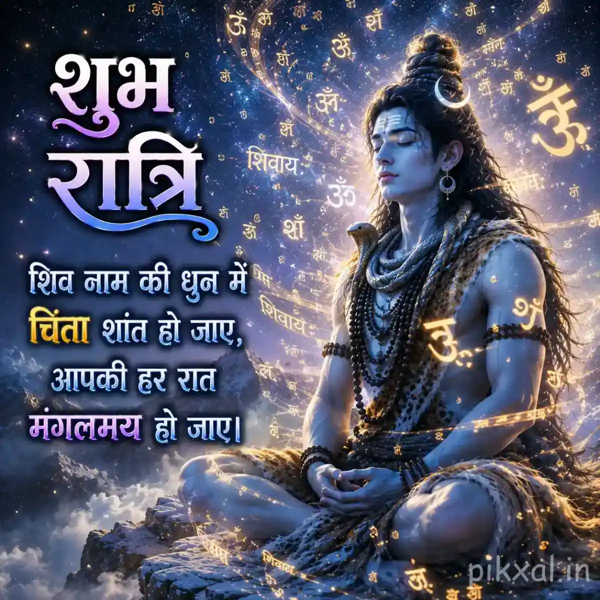 Lord Shiva seated in meditation with a glowing Om symbol and cosmic spiritual light around him