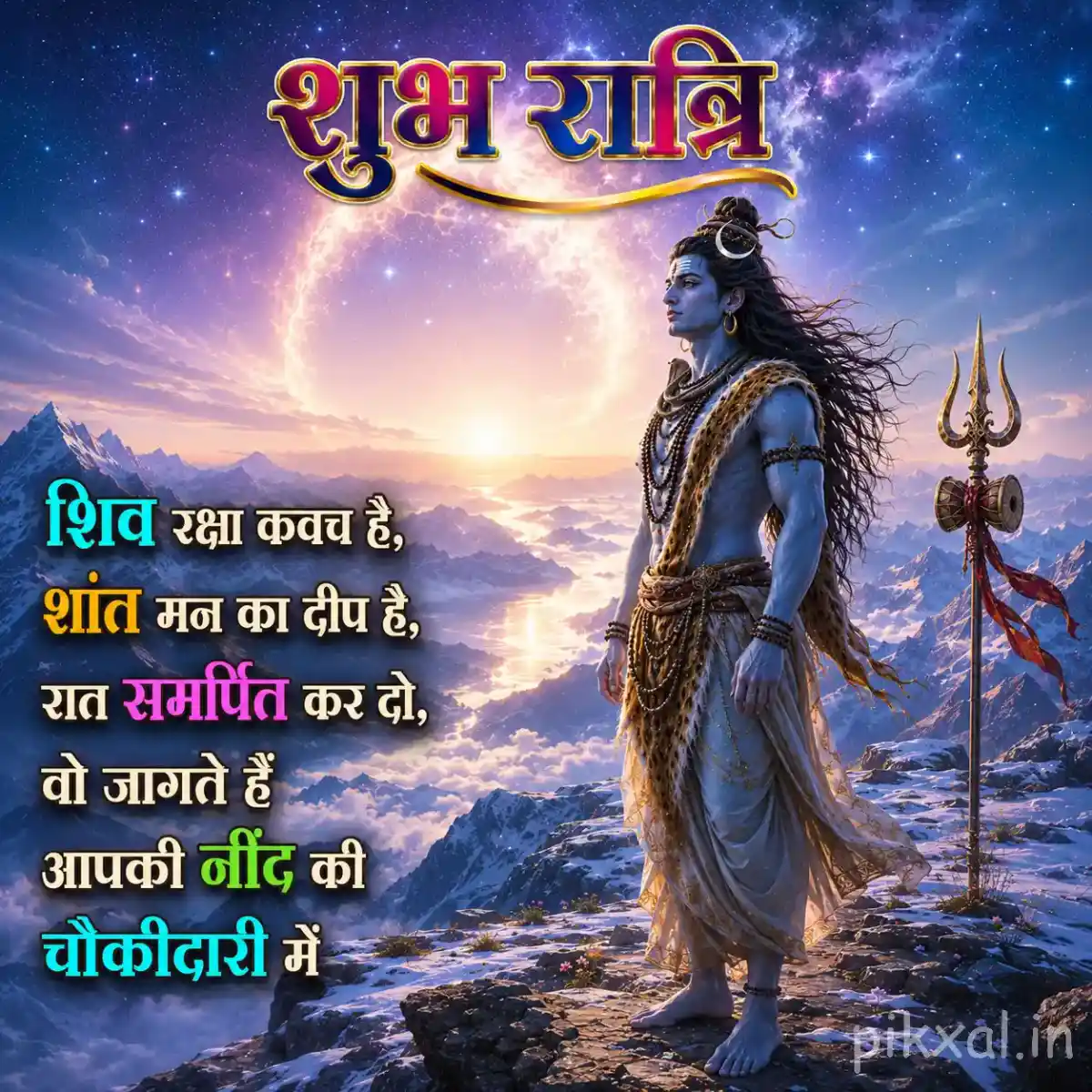 Lord Shiva standing beside a glowing spiritual landscape with a peaceful mountain background