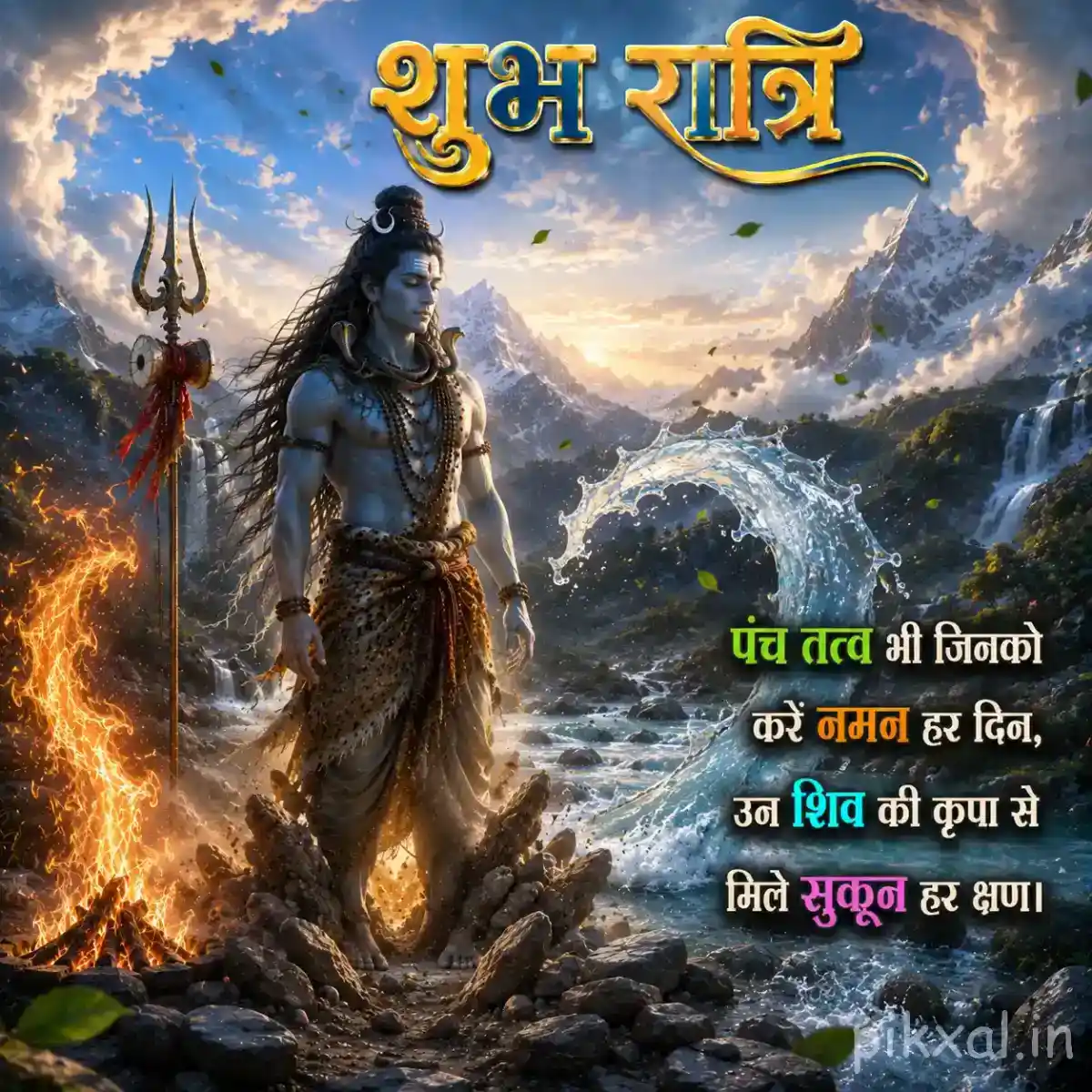 Mahadev standing in a snowy mountain valley beside a sacred fire under a golden night sky