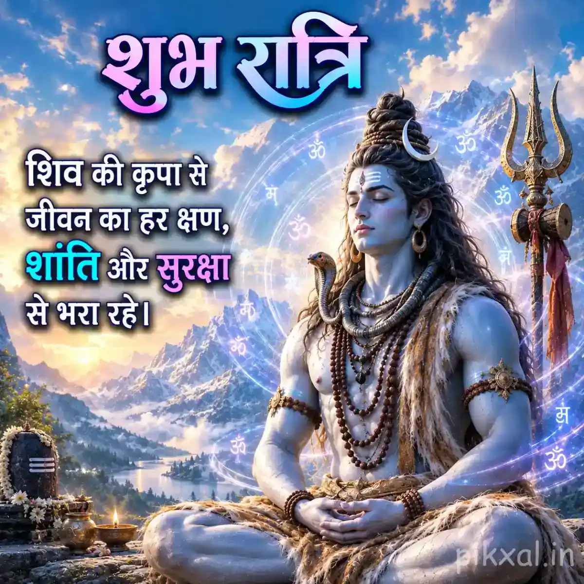 Lord Shiva seated in meditation on a snowy mountain with a trishul and radiant spiritual aura
