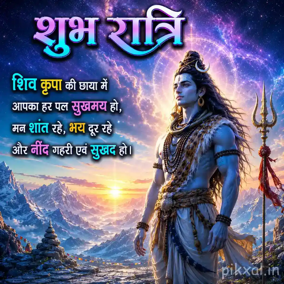 Lord Shiva standing peacefully in a radiant Himalayan landscape with a glowing cosmic aura and trishul