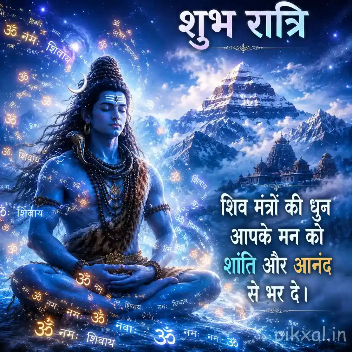 Mahadev meditating on a snowy mountain beneath a bright moon with a peaceful blue spiritual glow