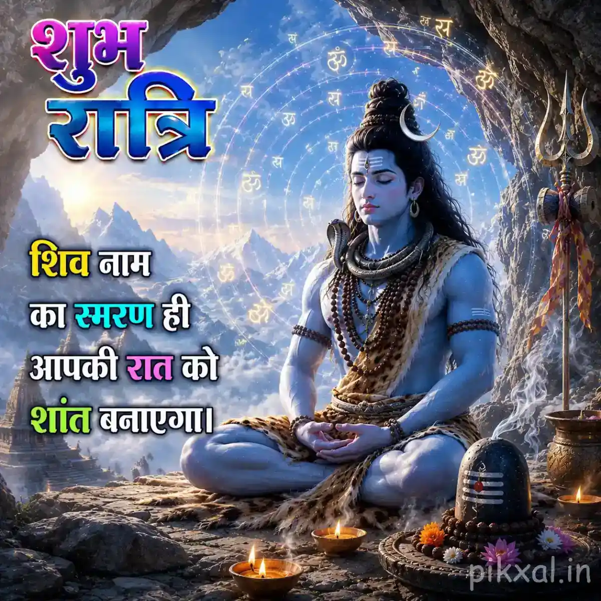 Lord Shiva seated in meditation beside a sacred Shivling with a trishul and calm mountain surroundings