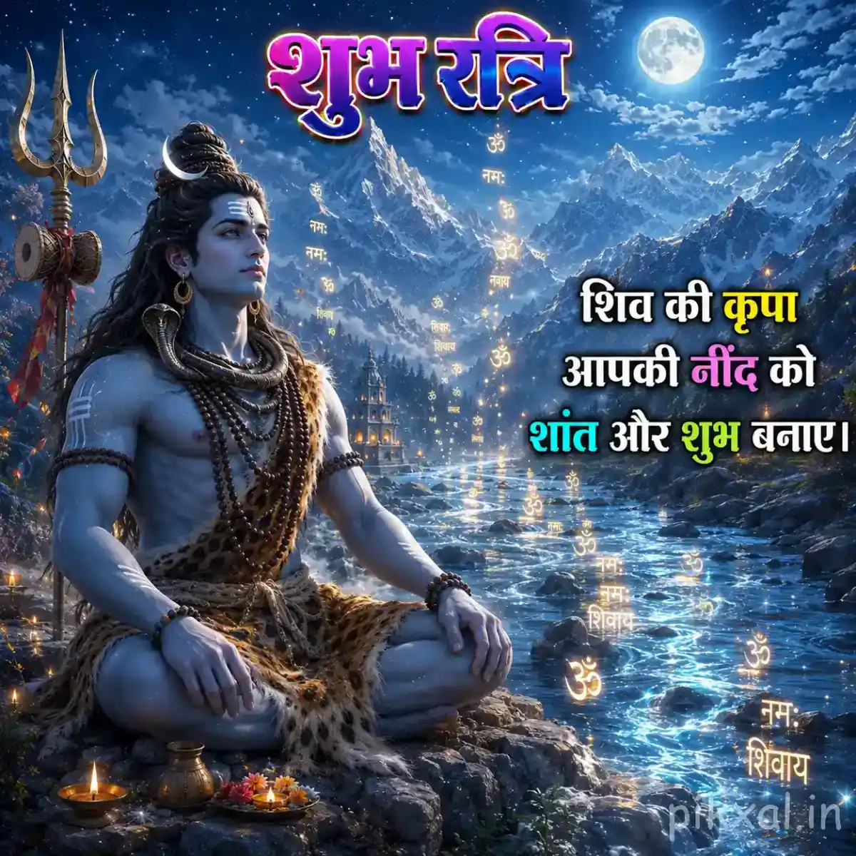 Mahadev meditating beside a trishul and sacred Shivling under a calm moonlit mountain sky