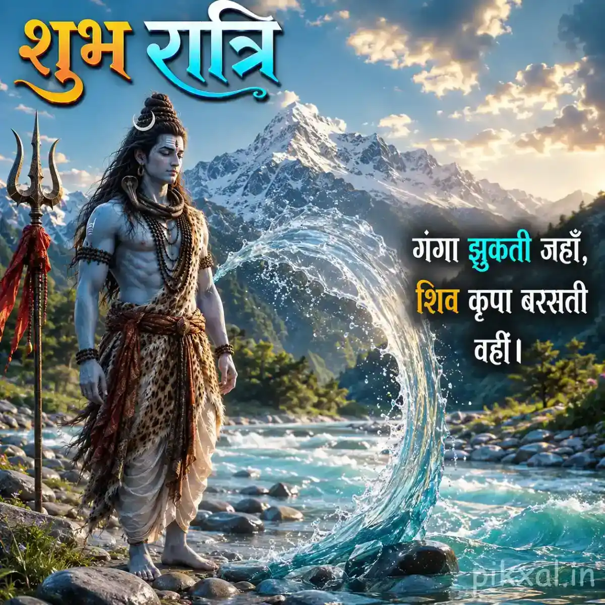 Mahadev standing beside a powerful flowing waterfall with a trishul and peaceful mountain scenery
