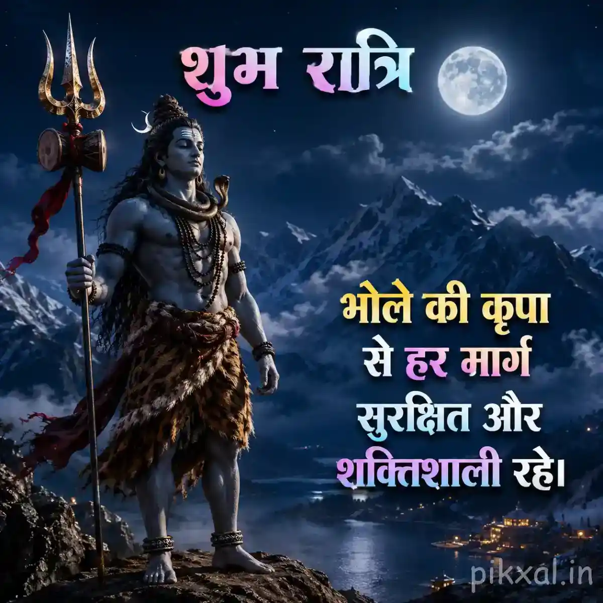 Mahadev standing with his trishul beneath the moon with snowy mountains and a calm night atmosphere
