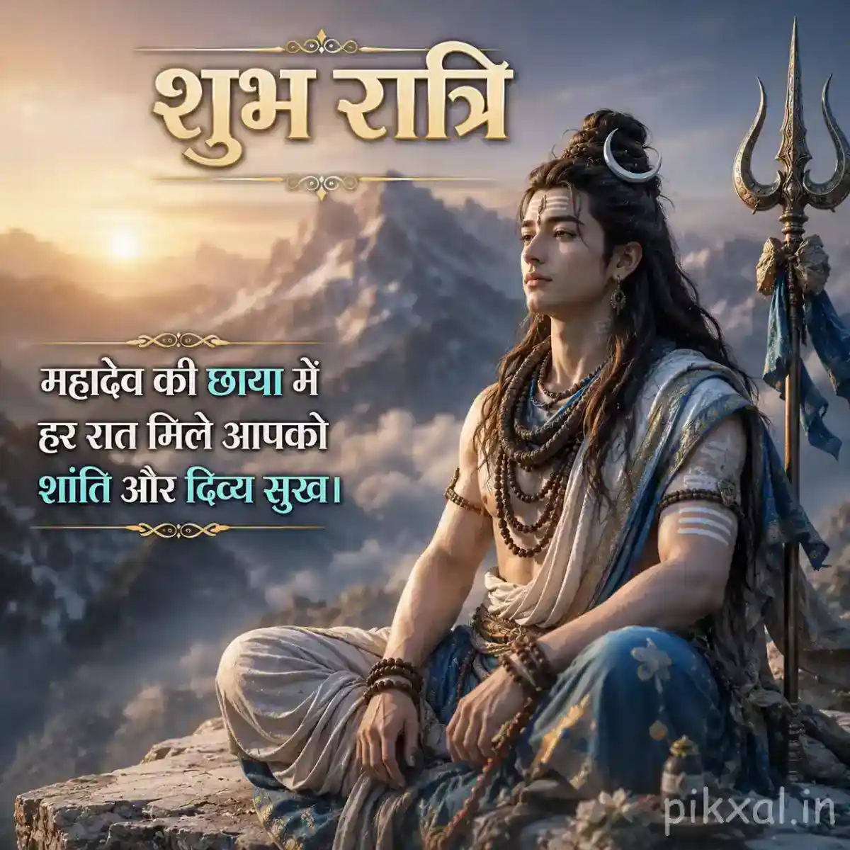 Lord Shiva sitting in meditation on a mountain slope with a trishul and soft golden evening light