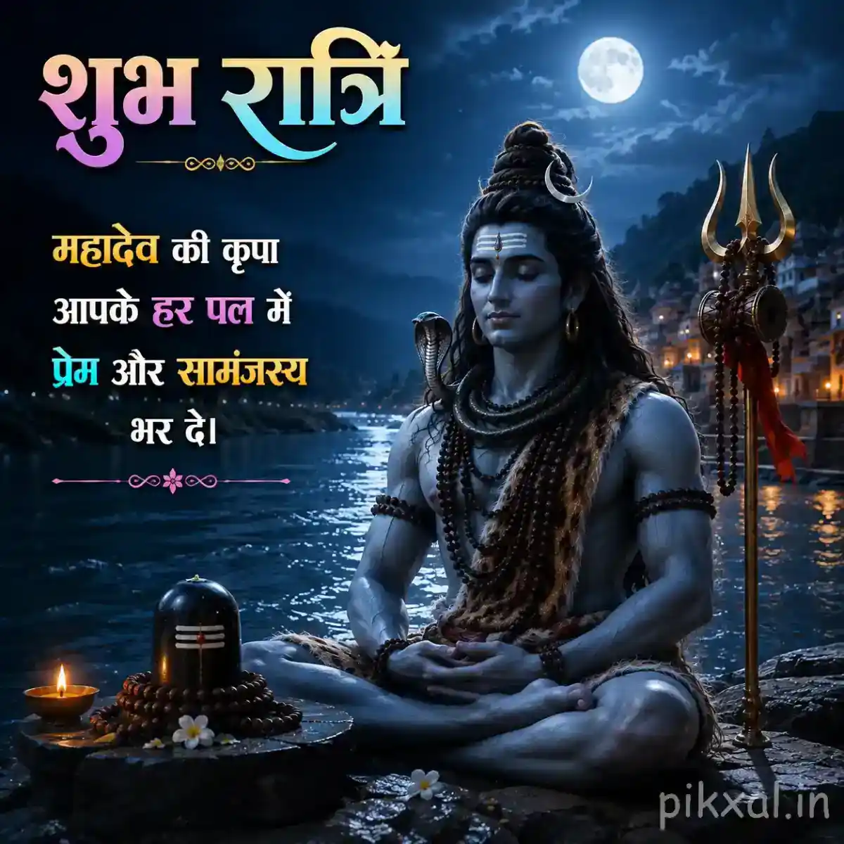 Lord Shiva meditating beside a sacred Shivling and trishul with glowing lamps under the night sky