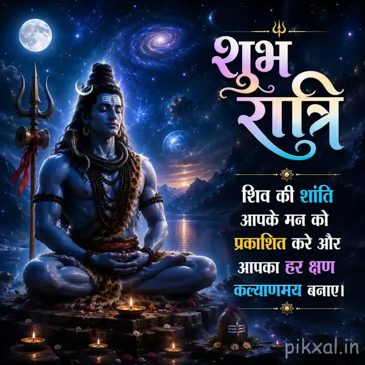 Mahadev seated in meditation beside a sacred Shivling and trishul surrounded by a deep blue cosmic glow